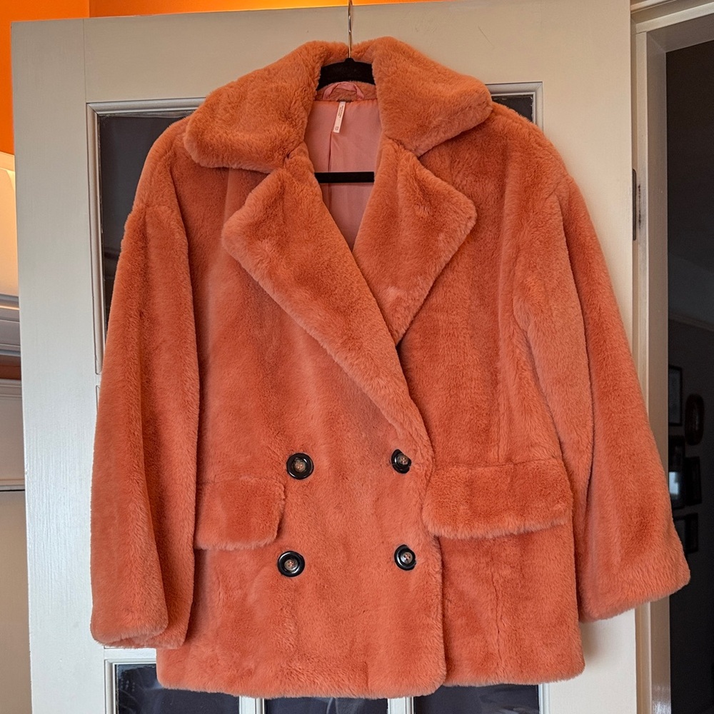 Free People Double-Breasted Faux Fur Pea Coat - Orange - size XS